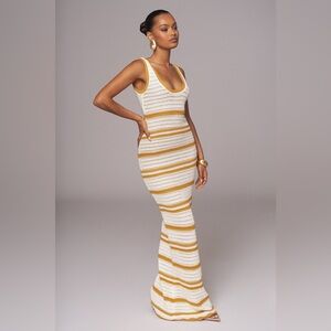 JLUXLABEL White and Mustard Yellow Striped Crochet Maxi Dress